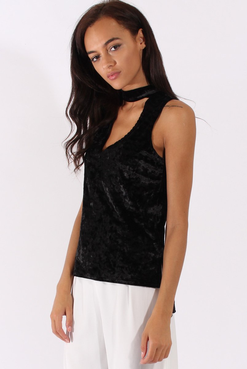 Black Crushed Velvet Cut Out High Neck Top - Morgan-Tops