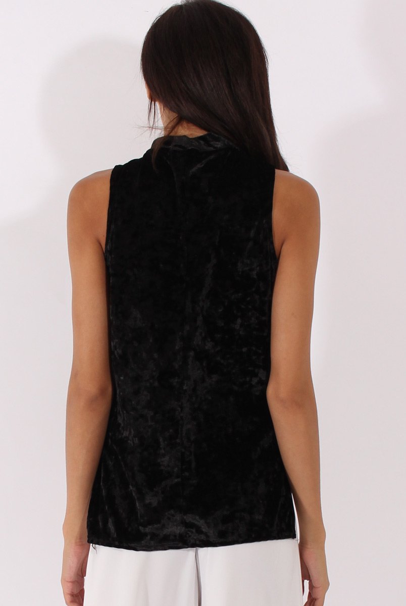 Black Crushed Velvet Cut Out High Neck Top - Morgan-Tops