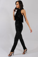 Black Crushed Velvet Frill Choker Jumpsuit - Blaire-Jumpsuits