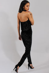 Black Crushed Velvet Frill Choker Jumpsuit - Blaire-Jumpsuits