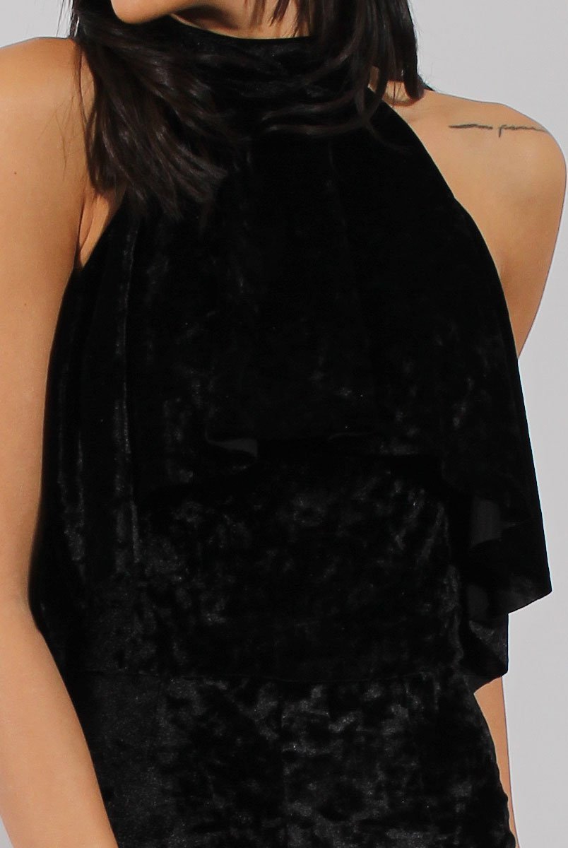 Black Crushed Velvet Frill Choker Jumpsuit - Blaire-Jumpsuits