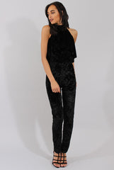 Black Crushed Velvet Frill Choker Jumpsuit - Blaire-Jumpsuits