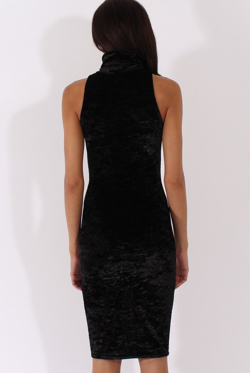 Black Crushed Velvet Front Split Turtleneck Dress - Erin-Dresses