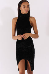 Black Crushed Velvet Front Split Turtleneck Dress - Erin-Dresses
