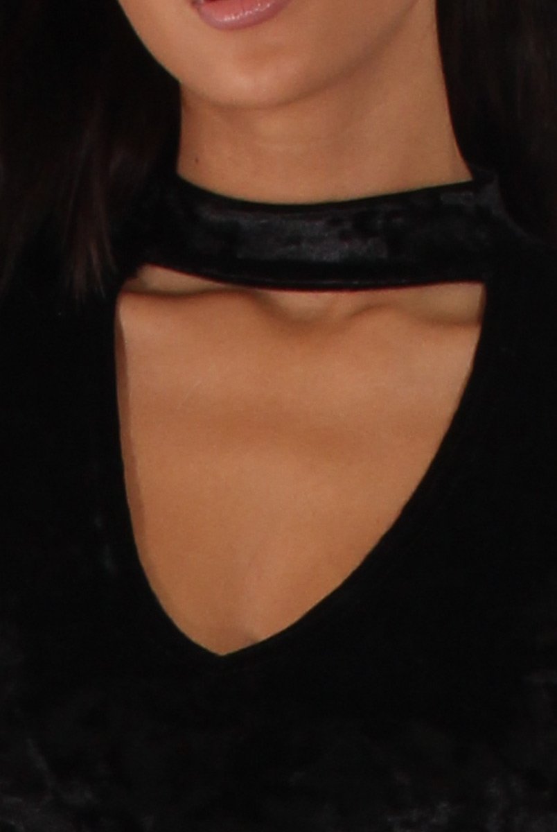 Black Crushed Velvet High Neck Cut Out Bodysuit - Asumi-Bodysuits