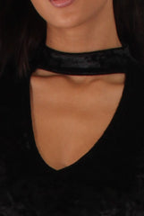 Black Crushed Velvet High Neck Cut Out Bodysuit - Asumi-Bodysuits