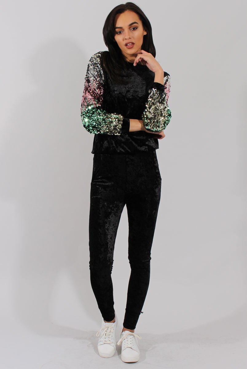 Black Crushed Velvet Sequined Tracksuit - Rosita-Tracksuits