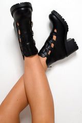 Black Cut Out Buckle Detail Heeled Boots - Fredericka-Boots