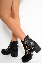 Black Cut Out Buckle Detail Heeled Boots - Fredericka-Boots