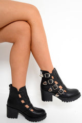 Black Cut Out Buckle Detail Heeled Boots - Fredericka-Boots