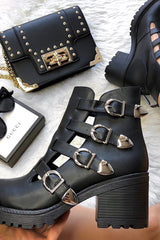 Black Cut Out Buckle Detail Heeled Boots - Fredericka-Boots