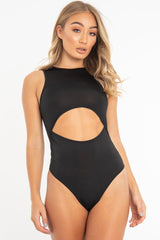 Black Cut Out Racer Neck Sleeveless Bodysuit - Kourtney-Bodysuits