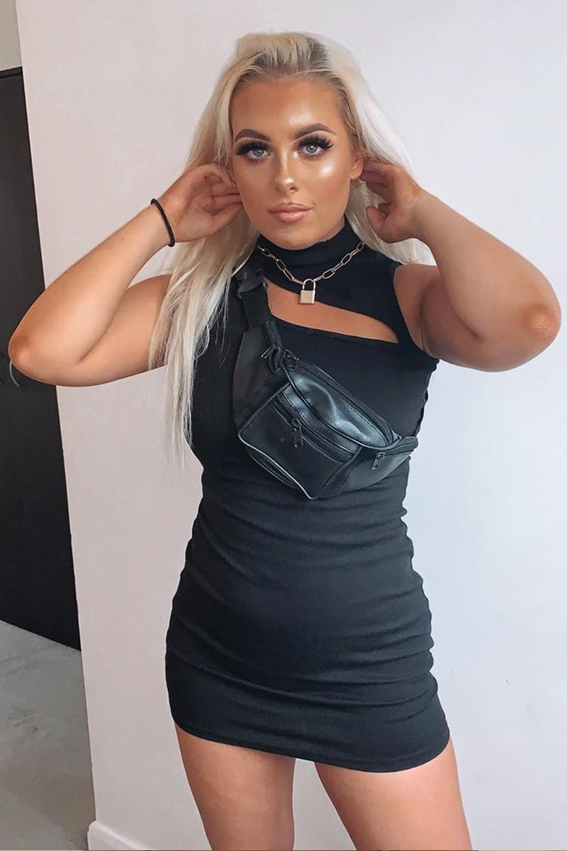Black Cut Out Rib High Neck Dress - Edyn-Dresses