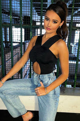 Black Cut Out Ruched Halter Neck Bodysuit - Janessa-Bodysuits
