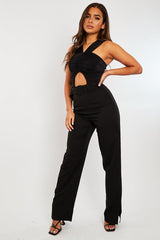 Black Cut Out Ruched Halter Neck Bodysuit - Janessa-Bodysuits