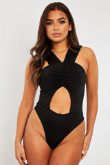 Black Cut Out Ruched Halter Neck Bodysuit - Janessa-Bodysuits