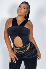 Black Cut Out Ruched Halter Neck Bodysuit - Janessa-Bodysuits