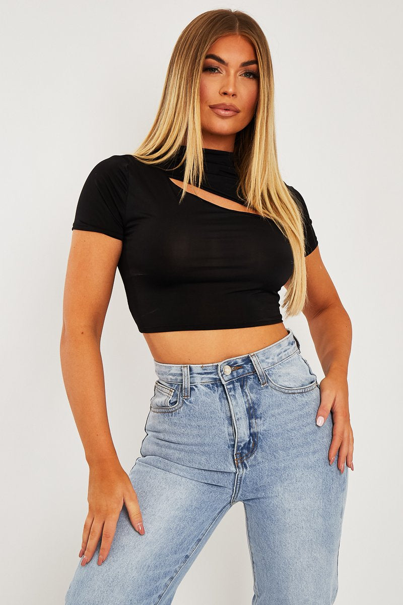Black Cut Out Short Sleeve Slinky Crop Top - Harriet-Crop Tops