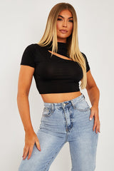 Black Cut Out Short Sleeve Slinky Crop Top - Harriet-Crop Tops