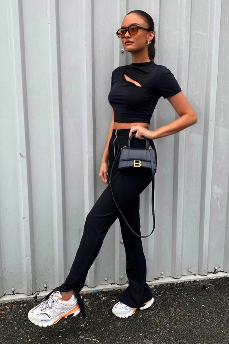 Black Cut Out Short Sleeve Slinky Crop Top - Harriet-Crop Tops