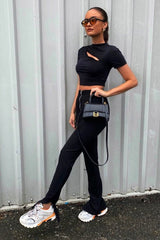 Black Cut Out Short Sleeve Slinky Crop Top - Harriet-Crop Tops