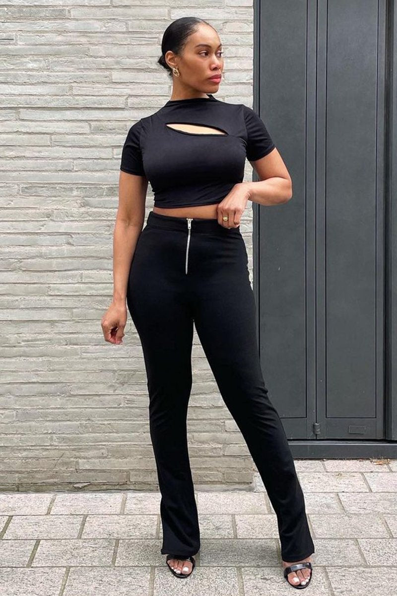 Black Cut Out Short Sleeve Slinky Crop Top - Harriet-Crop Tops