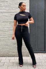 Black Cut Out Short Sleeve Slinky Crop Top - Harriet-Crop Tops