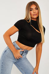 Black Cut Out Short Sleeve Slinky Crop Top - Harriet-Crop Tops