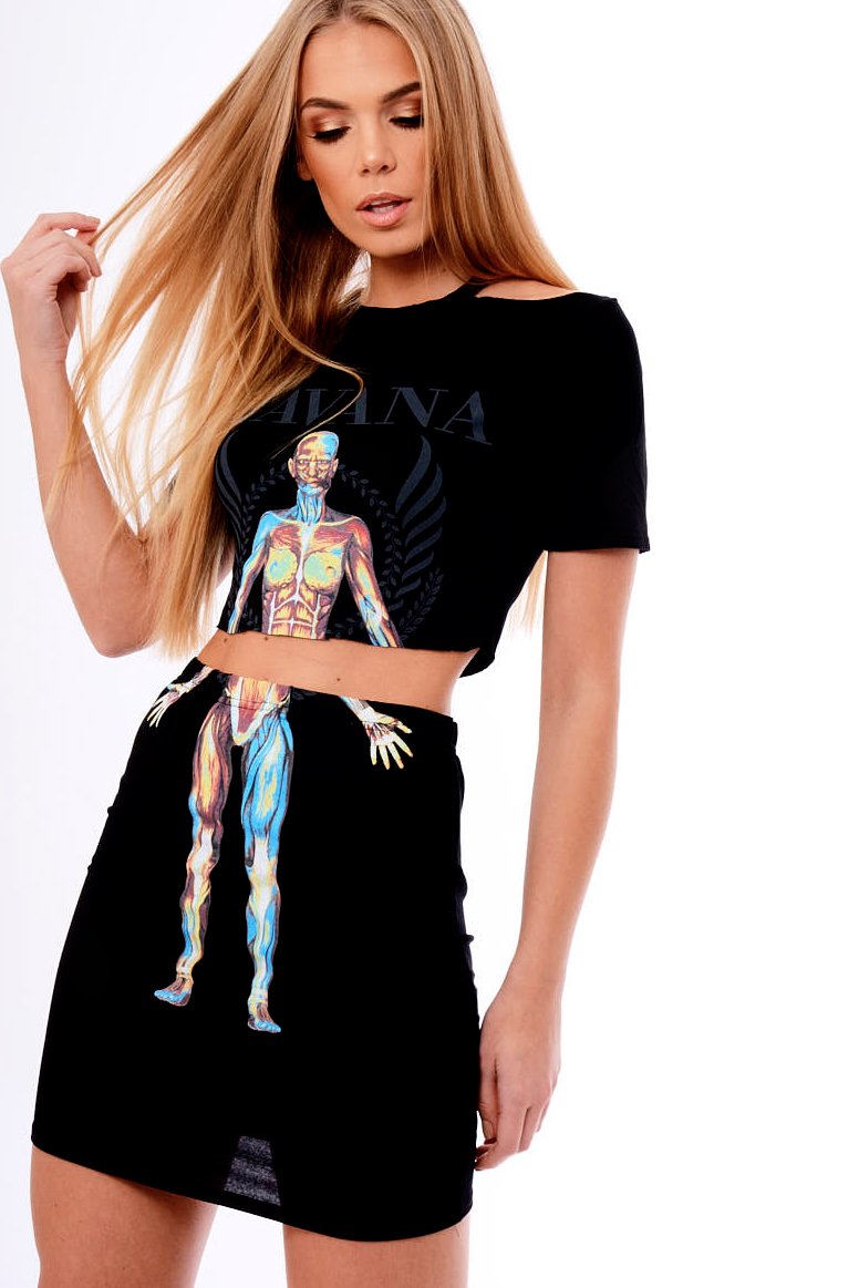 Black Cut Out Shoulder 'Havana' Graphic Co-ord - Olah-Co-ords