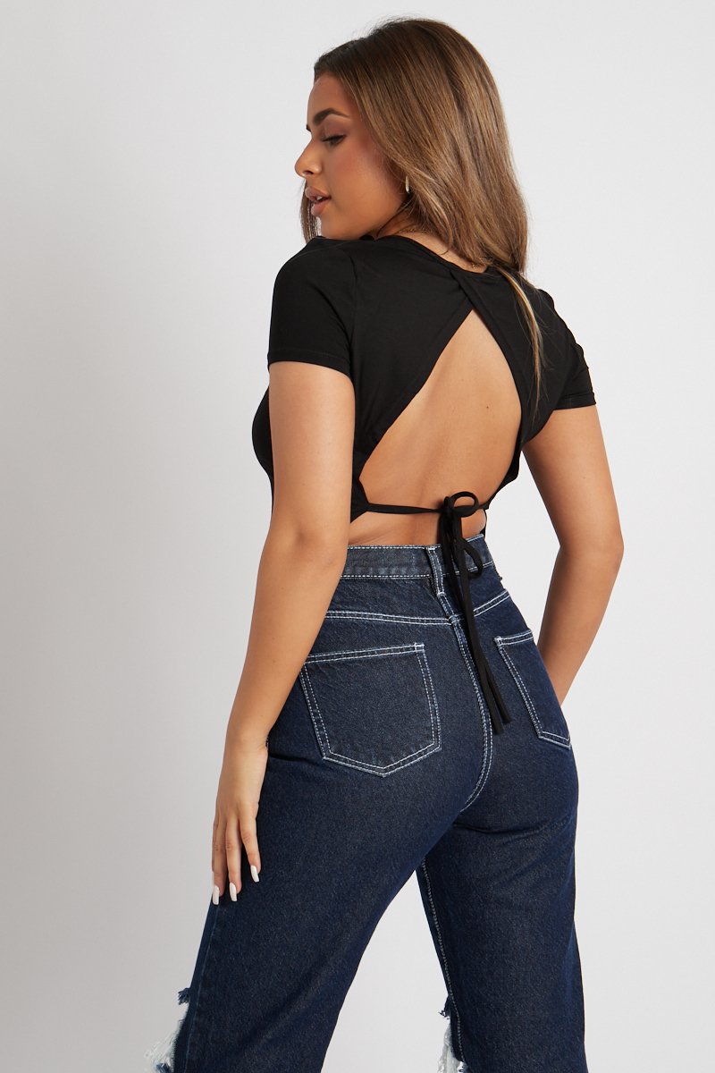 Black Cut Out Tie Back Cropped T-shirt - Mel-T-shirt