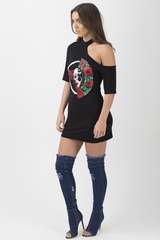 Black Cut Shoulder Graphic Print T-Shirt - Jessie-T-shirt