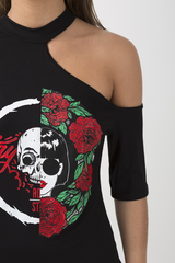 Black Cut Shoulder Graphic Print T-Shirt - Jessie-T-shirt