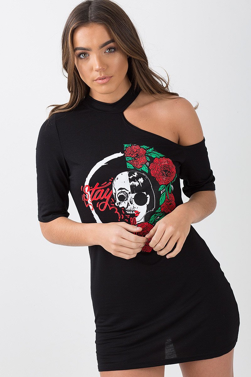 Black Cut Shoulder Graphic Print T-Shirt - Jessie-T-shirt