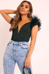 Black Deep Plunge Frill Shoulder Bodysuit - Danity-Bodysuits