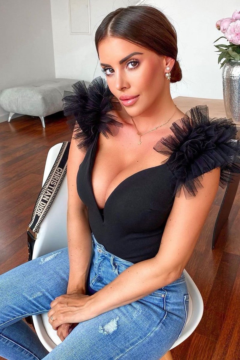 Black Deep Plunge Frill Shoulder Bodysuit - Danity-Bodysuits
