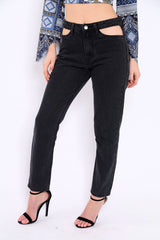 Black Denim Cut Out Pocket Boyfriend Jeans - Jaime-Jeans