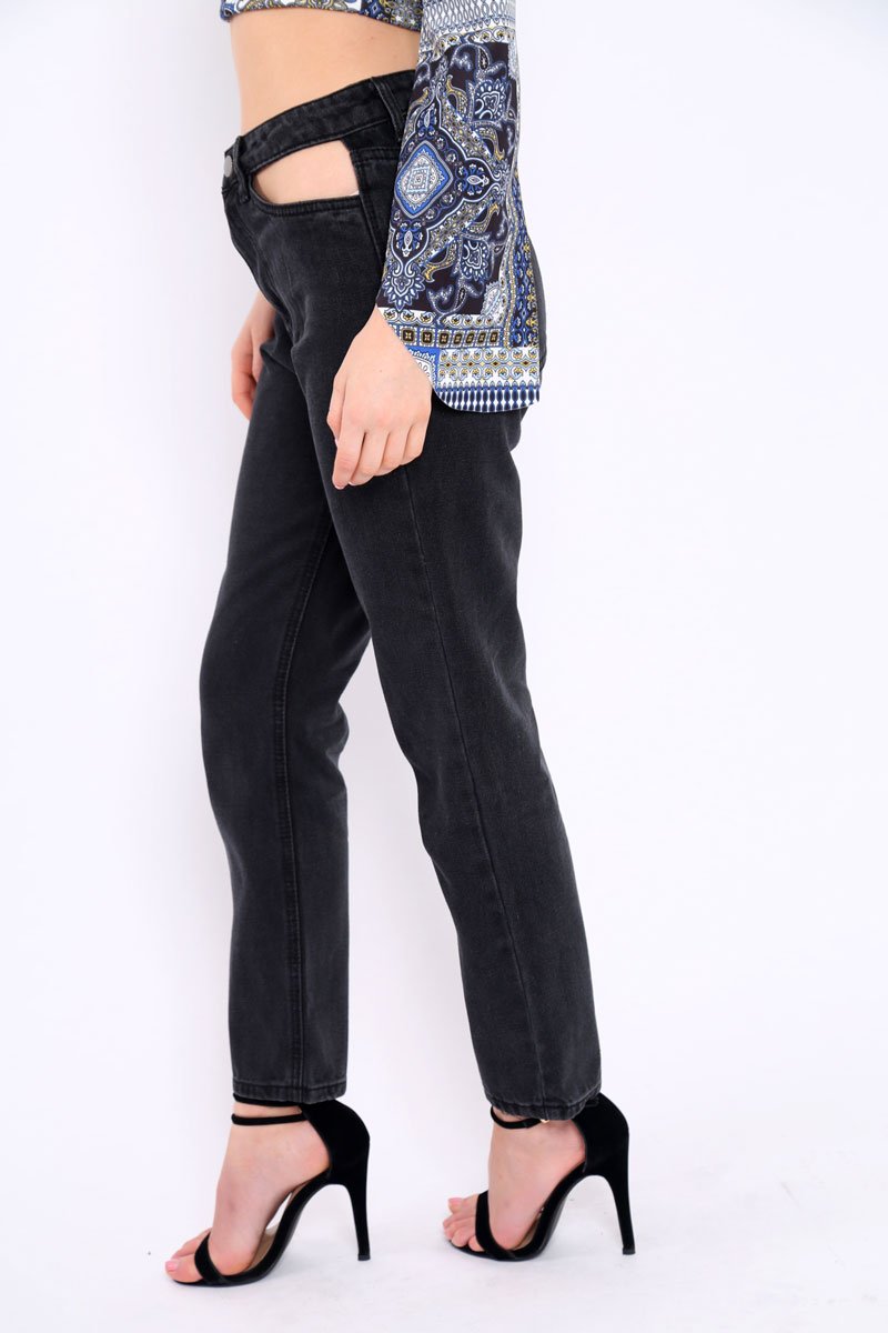 Black Denim Cut Out Pocket Boyfriend Jeans - Jaime-Jeans