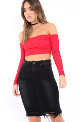 Black Denim Distressed Midi Skirt - Lea-Skirts