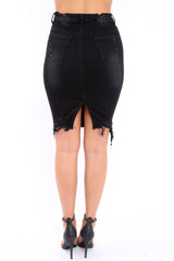 Black Denim Distressed Midi Skirt - Lea-Skirts