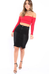 Black Denim Distressed Midi Skirt - Lea-Skirts