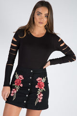 Black Denim Embroidered Button Skirt - Grace-Skirts