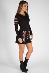 Black Denim Embroidered Button Skirt - Grace-Skirts