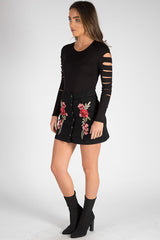 Black Denim Embroidered Button Skirt - Grace-Skirts