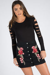 Black Denim Embroidered Button Skirt - Grace-Skirts