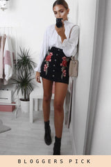 Black Denim Embroidered Button Skirt - Grace-Skirts