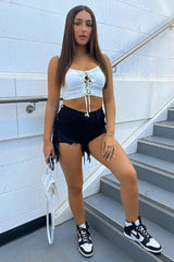 Black Denim Extreme Rip Front Shorts - Aarya-Shorts