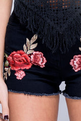 Black Denim Floral Embroidered Hotpants - Kirstie-Shorts