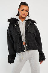 Black Denim Fur Trim Coat - Khaira-Coats