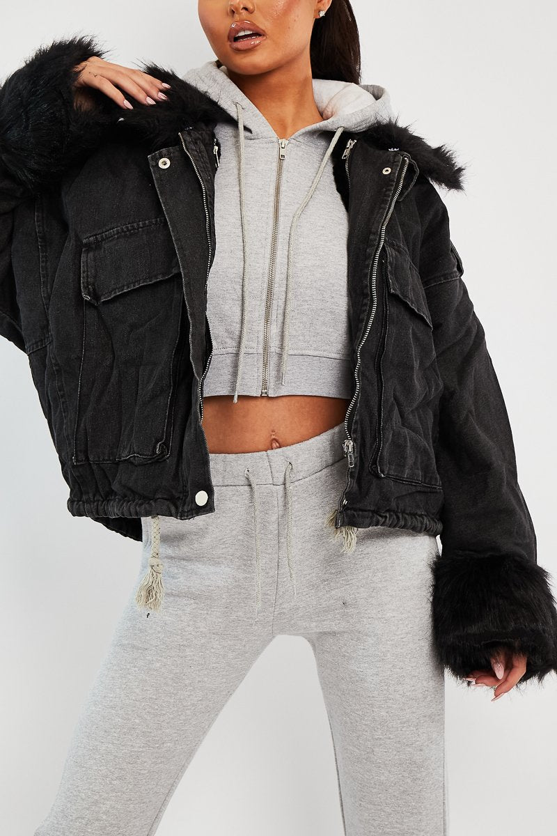 Black Denim Fur Trim Coat - Khaira-Coats