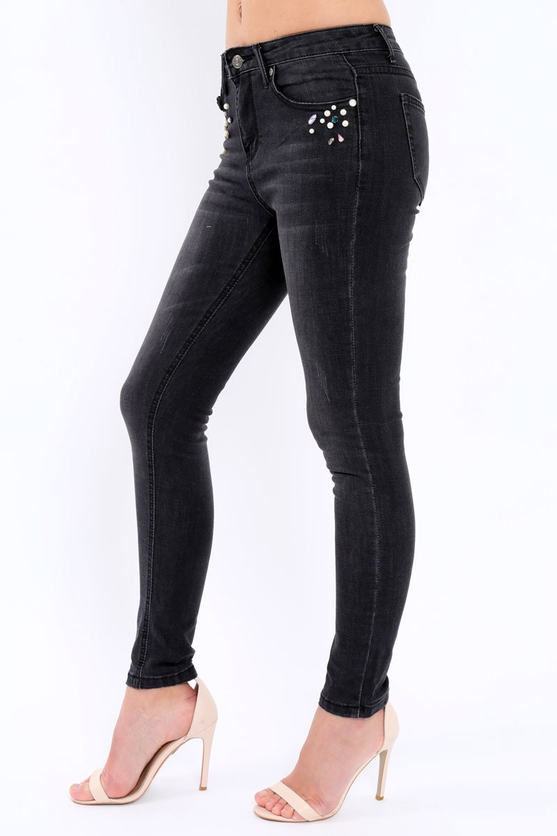 Black Denim Jewelled Skinny Jeans - Jezzy-Jeans
